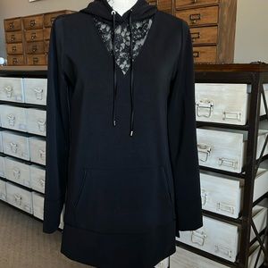 White House Black Market WHBM WKND Lace Inset Black Hoodie